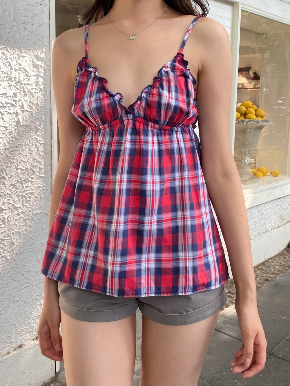 BRANDY MELVILLE 100% Cotton Plaid Babydoll Strappy Empire Waist Triangl Tank Top